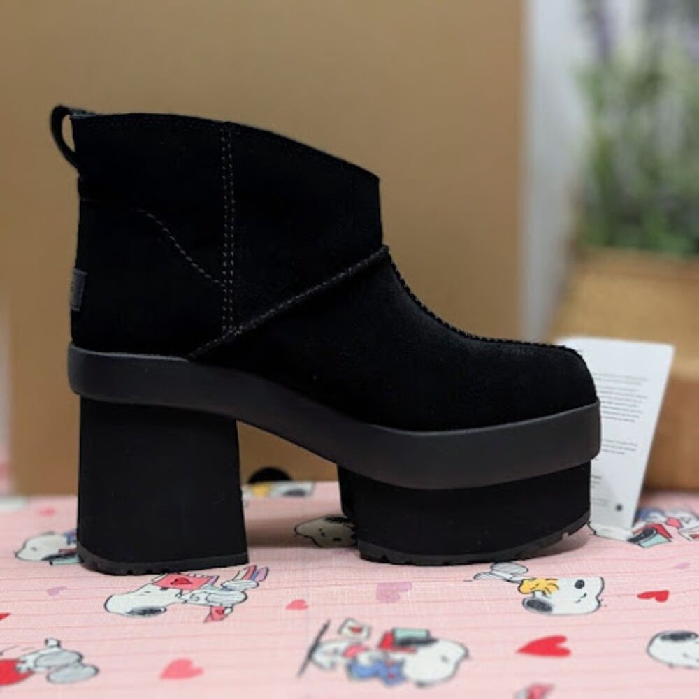 UGG Black Suede & Shearling New Heights Platform Mini Boots Women's Size 10 NIB - Picture 9 of 14